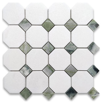 Thassos White Marble Octagon Mosaic Tile Sagano Green Dots Honed, 1 sheet