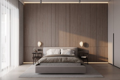 Photo of a large modern master and grey and white bedroom in London with multi-coloured walls, dark hardwood flooring, a drop ceiling, panelled walls and a feature wall.