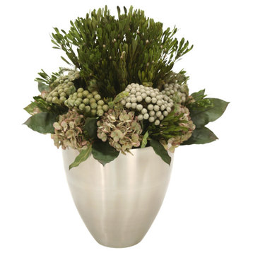 Green Hydrangeas, Brunia, Patlys, Salal Leaves in Tapered Metal Vase