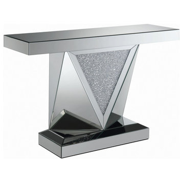 Amore Rectangular Sofa Table With Triangle Detailing Silver and Clear Mirror