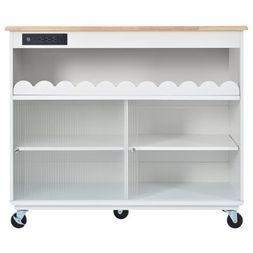 Rubberwood Kitchen Cart, Drop Leaf, LED Light and Power Outlet, White