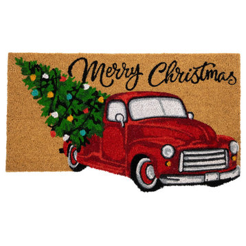 Red and Green Vintage Truck "Merry Christmas" Natural Coir Doormat 18" x 30"