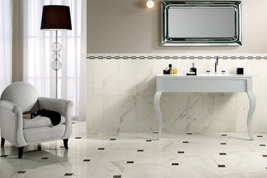 Example of a trendy white tile and ceramic tile marble floor bathroom design in San Francisco with white walls, flat-panel cabinets, brown cabinets and laminate countertops