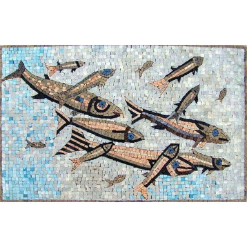 Group of Swimming Fish Marble Mosaic, 63" X 39"