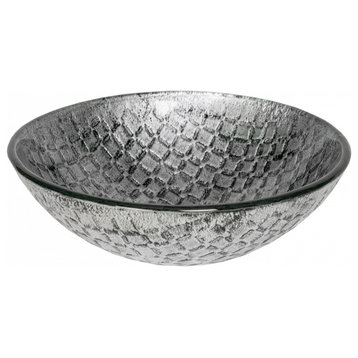 Silver Squares Tempered Glass Vessel Sink for Bathroom, 16.5 Inch
