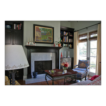 Custom Handcrafted Fire Mantels, Library Cabinets, Desk, Dark Stain Traditional