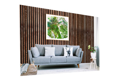 Example of a large minimalist loft-style marble floor, white floor and wood wall family room design in DC Metro with multicolored walls