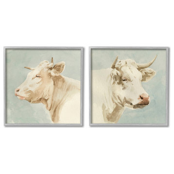 Vintage Farm Cattle Cows Watercolor Portrait Beige Blue,12 x 12