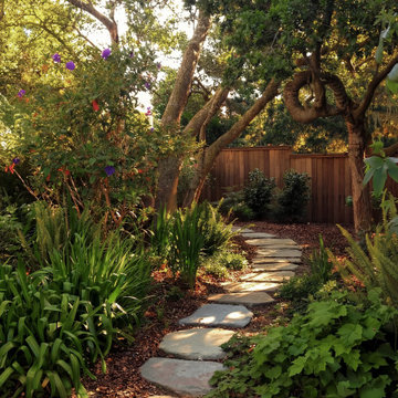 Shaded garden pathway with stone steps in Del Monte Forest