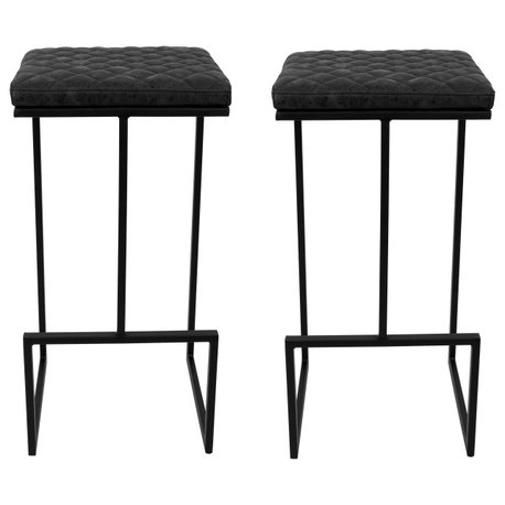 Quincy Quilted Stitched Leather Bar Stools, Metal Frame Set of 2, Charcoal Black