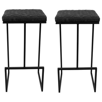 Quincy Quilted Stitched Leather Bar Stools, Metal Frame Set of 2, Charcoal Black