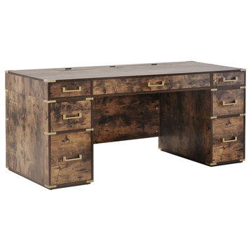 Classic and Traditional Executive Desk, Drawers and USB Ports, Brown