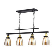 4-Light Antique Black Downlight Linear Kitchen Chandelier With Amber Glass