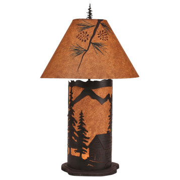 Large Kodiak and Rustic Brown Cabin Scene Table Lamp With Nightlight