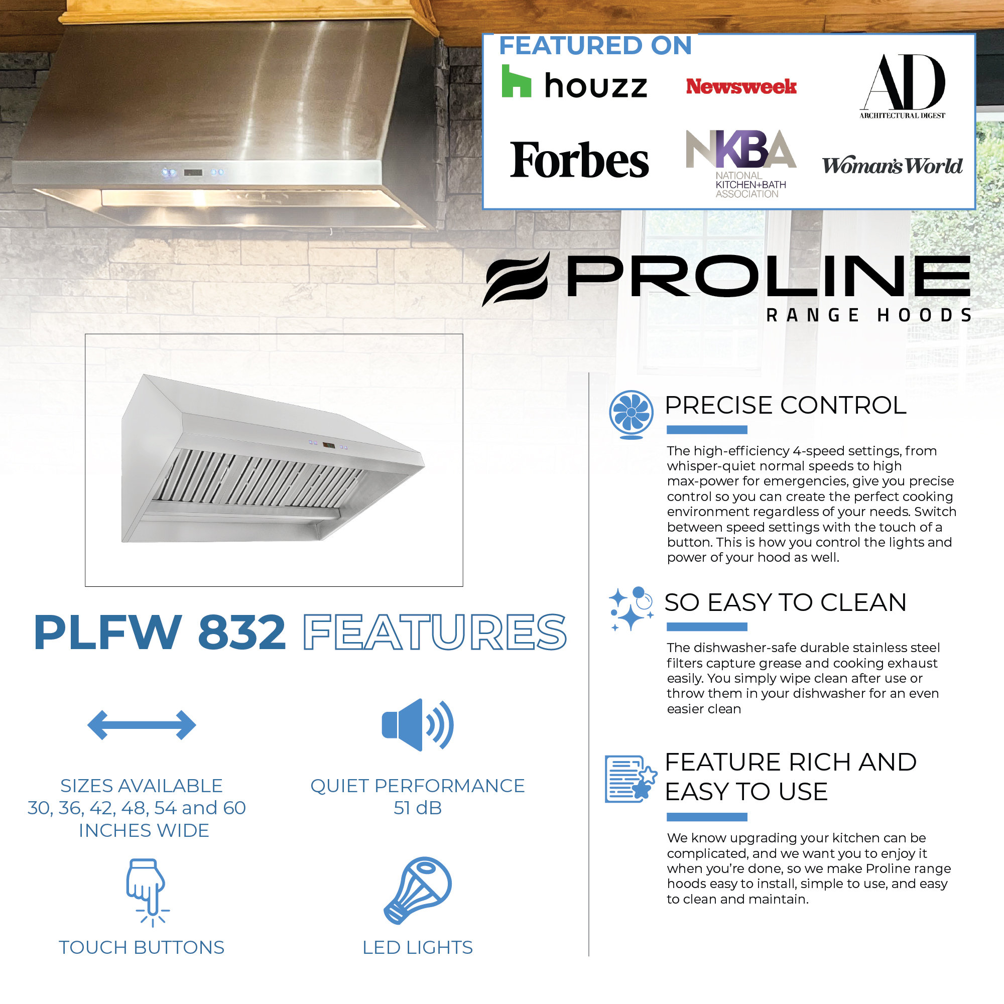 Proline PLFW 832 Professional Range Hood up to 2000 CFM, Brushed Stainless Steel, 60