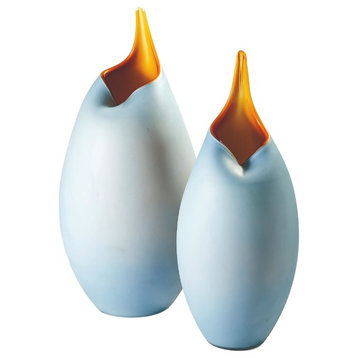 Frosted Blue Amber Modern Tear Droplet Vase Set 2,  Abstract Organic Sculpture