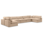 Meridian Furniture - Comfy Upholstered U-Shaped Modular Sectional, Beige, 7-Piece: 5 Armless Chair, 2 Corner Chair, Velvet - Give your space a whole new look with this beige Comfy velvet sectional. This handsome sectional fits nicely with other items in the Comfy collection and is a versatile seating option designed for adaptability, comfort and style. Wrapped in rich beige durable velvet upholstery, this sectional offers a plush embrace of overstuffed down feather cushions, carefully crafted to deliver the highest level of comfort. The perfect seat for creating an oasis for relaxation, this sectional has thick foam surrounding its frame for added support and coziness.