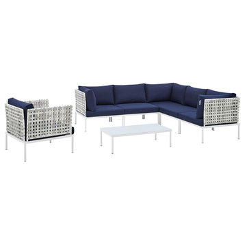 Harmony 7Pc  Basket Weave Outdoor Patio Sectional Sofa Set, Taupe Navy
