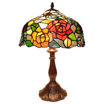 12" W Rose Flowers Stained Glass Handcrafted Table Desk Lamp, Zinc Base