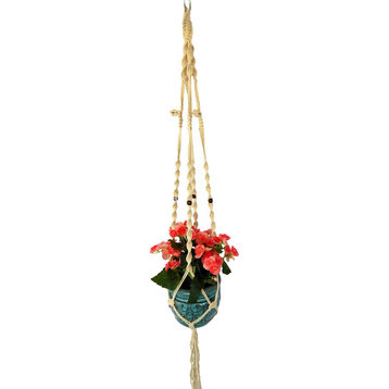 Macrame Plant Hanger 46" White Cotton with Wood Beads