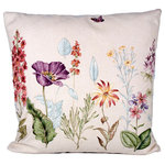 Studio Design Interiors - Floral Parade, Pattern C 90/10 Duck Insert Pillow With Cover, 22x22 - A study of flowers is in the works on these delightful pillows. In muted watercolor tones on a warm beige field, finished with a biege and white ticking stripe. Fantastic.