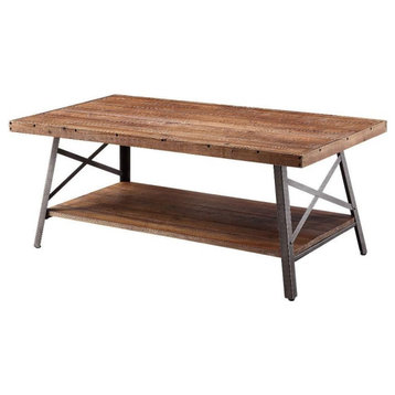 Rectangular Coffee Table, X Shaped Legs With Lower Open Shelf, Weathered Oak