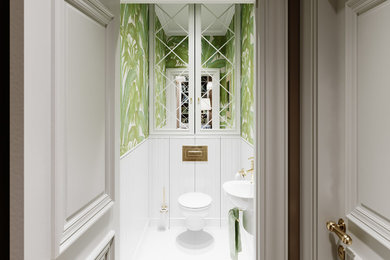 Источник вдохновения для домашнего уюта: маленький туалет в классическом стиле с инсталляцией, белой плиткой, зелеными стенами, полом из керамической плитки и подвесной раковиной для на участке и в саду