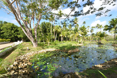 Photo of a large tropical partial sun backyard stone water fountain landscape in Other for fall.