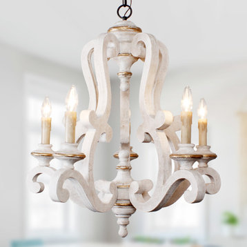 Antique 5-Light Wooden Candle Chandelier, Distressed White, Distressed White