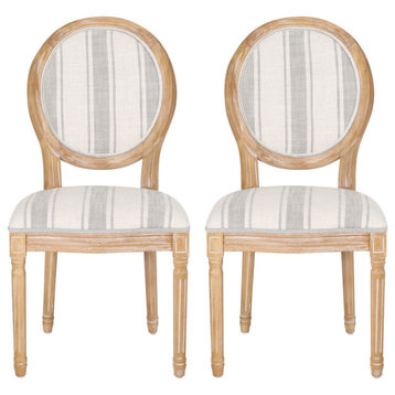 Lariya French Country Fabric Dining Chairs (Set of 2), Grey Line + Natural, Two (2) Dining Chairs