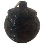 Bindah - Manggis Handwoven Art Glass Basket, Midnight Black - Hand-sewn crystal cut glass beads adorn this small hand-woven rattan manggis basket. This midnight black color of crystal-cut beads catch the light in any spot throughout your house.