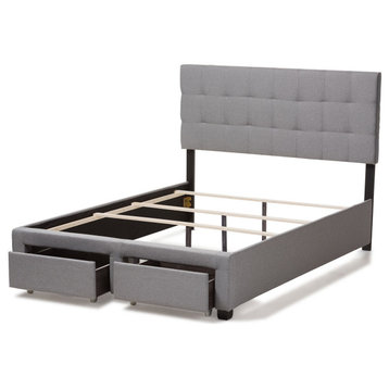 Queen Size Platform Bed, Grid Tufted Headboard and 2 Under Storage Drawers, Gray