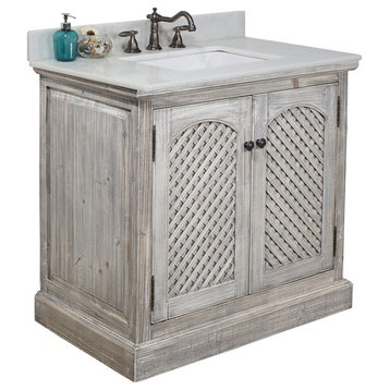 Single Fir Sink Vanity Driftwood With Arctic Pearl Quartz Marble Top, 36", Gray