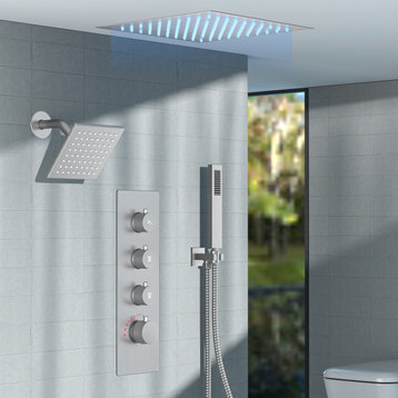 LED Dual Heads 12" Rain Shower System With Thermostatic 4-Way Faucet, Brushed Nickel