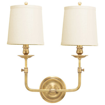 Logan, Two Light Wall Sconce, Aged Brass Finish, Off White Linen Shade