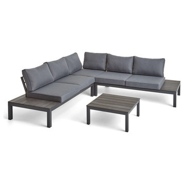 GDF Studio Leo Outdoor Aluminum V-Shaped Faux Wood Sectional Sofa Set, Gray/Dark Gray
