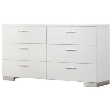 Catania 6-Drawer Contemporary Wood Dresser with Chrome Legs in Glossy White