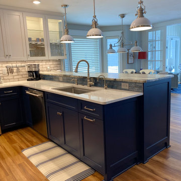 Blue Cabinets Split Level Kitchen Island