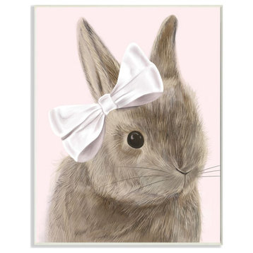 Stupell Industries Bunny Pink Bow Kids Animal Drawing, 10"x15", Wood Wall Art