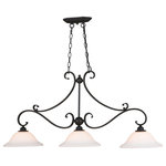 Vaxcel - Monrovia 3 Light Linear Chandelier Oil Rubbed Bronze - Transitional decor is a combination of traditional and contemporary design that uses materials and finishes equaling classic, timeless design. The Monrovia collection of pendant lights takes that concept and modernizes it for today's on-trend spaces including farmhouse, vintage, antique, and traditional decor. The scrolled arms and large, open glass shades are the focal point of this design. Available in multiple finishes, this hanging ceiling light is ideal for kitchen island lighting, pool table light fixtures, and linear dining room tables.