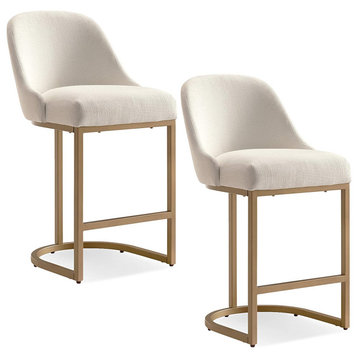 Set of 2 Counter Stool, Linen Seat With Comfortable Barrel Back, White/Gold