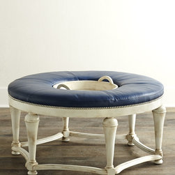 Timons Navy Leather Ottoman by Massoud - Footstools And Ottomans