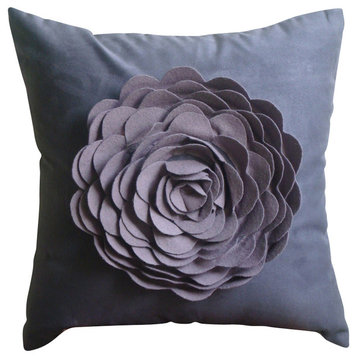 Rose Flower Purple Shams, Faux Suede Fabric 26"x26" Euro Pillow Cover, Plum Rose