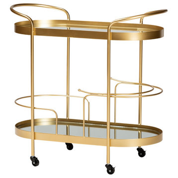 Shirlene Modern Glam Brushed Gold Metal and Mirrored Glass 2-Tier Bar Cart