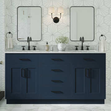 Ariel Hepburn 67" Rectangular Double Sink Bath Vanity, Midnight Blue, 0.75" Carrara Marble