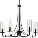 Progress Lighting - Riley Collection's 5-Light Black Chandelier - Incorporate a sleek simplicity and natural beauty with the Riley Collection's Five-Light Black Chandelier. Clear glass shades are ready to offer stunning, rejuvenating illumination. The shades rest on a gorgeous black frame that manifests feelings of tranquility and serenity.