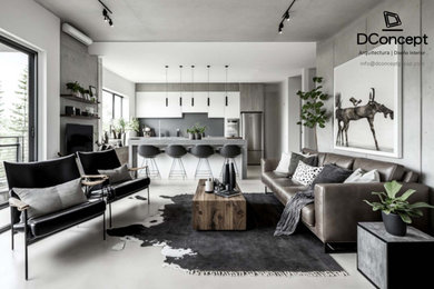 Modelo de salón con barra de bar abierto y gris y negro urbano de tamaño medio de obra con paredes grises, suelo de cemento, televisor independiente, suelo beige, vigas vistas y panelado
