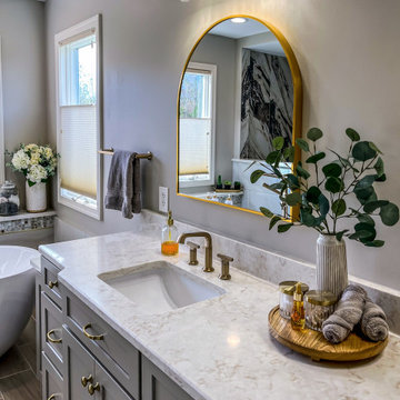 Master Bath with Refaced Vanity and Full Height Porcelain Tile Shower Walls