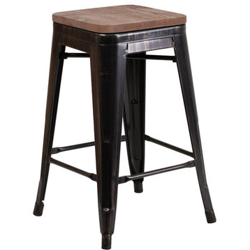 24" Backless Metal Counter Height Stool, Black-Antique Gold
