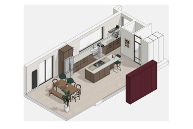 This is an example of a large contemporary kitchen/diner in West Midlands with a belfast sink, flat-panel cabinets, dark wood cabinets, quartz worktops, stainless steel appliances, medium hardwood flooring, an island, brown floors and multicoloured worktops.